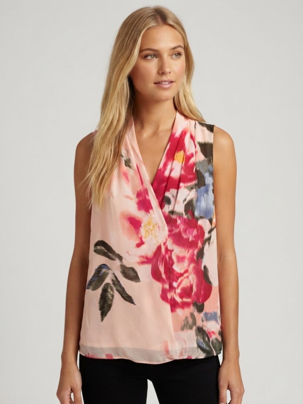 White House Black Market Pink Floral V-Neck Top Size Small 39922